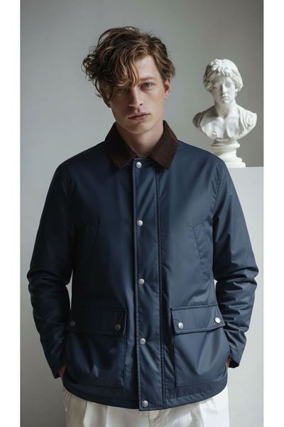 Erkek Lacivert Mont Mumlu İçi Astarlı Kadife Yaka  