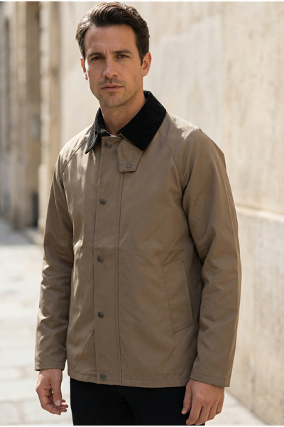 Erkek Regular Fit  Fermuarlı Çıtçıtlı Trench Vizon Ceket 