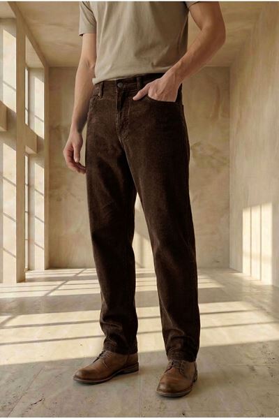  Erkek  Baggy Fit Rahat Kalıp Kahverengi Kadife  Pantolon 