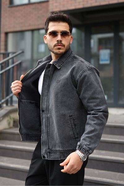 Erkek Regular Fermuarlı ve Çıtçıtlı Antrasit Kot Ceket