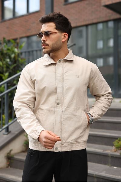 Erkek Regular Fermuarlı ve Çıtçıtlı Bej Canvas Ceket