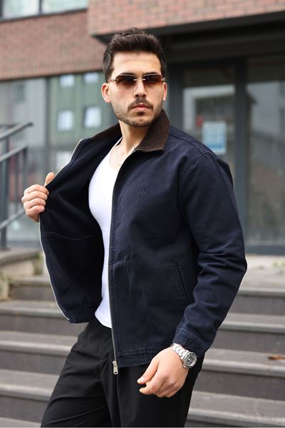 Erkek Relaxed Canvas Lacivert Ceket