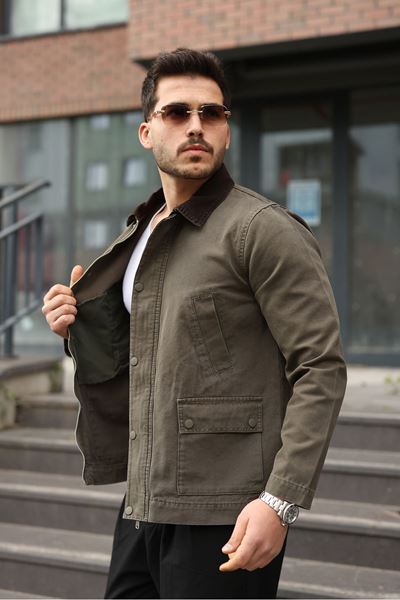 Erkek Haki Garni Yaka Spor Canvas Mont 