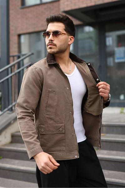 Erkek Vizon Garni Yaka Spor Canvas Mont 