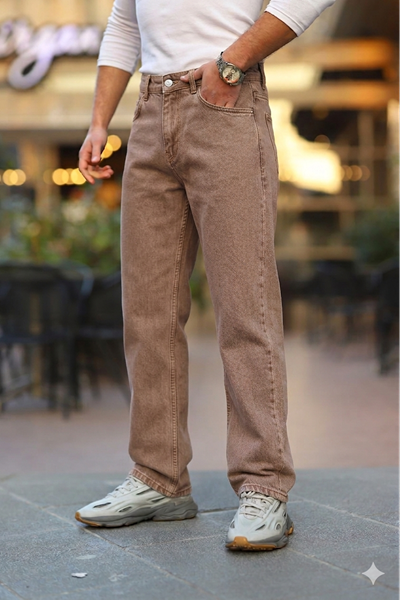 Erkek Eskitilmiş Kahve Baggy Fit Rahat Kalıp Jean Pantolon 