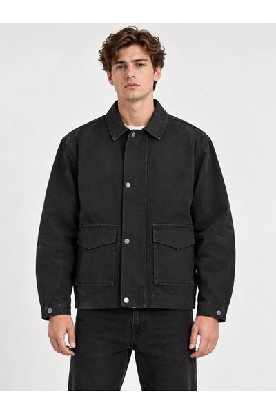 Erkek Retro Çıtçıtlı Fermuarlı Siyah Canvas Ceket 