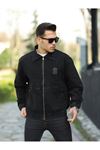 Oversize Black Printed Men's Zippered Bomber Denim Jacket