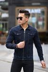Slim Fit Çift Cep Fermuarlı Yakalı Lacivert Erkek Kot Ceket
