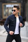 Slim Fit Çift Cep Fermuarlı Yakalı Lacivert Erkek Kot Ceket