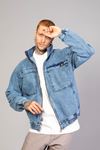 Oversize Buz Mavi Yıkama Modelli Erkek Fermuarlı Bomber Kot Ceket