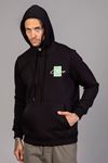  Erkek Regular Fit Kanguru Cep Baskılı Kapüşonlu Siyah Sweatshirt