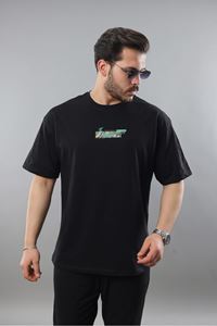 Erkek Siyah Oversize Fit Baskılı Tişört 