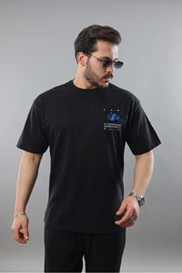 Erkek Siyah Oversize Fit Baskılı Nakışlı Tişört