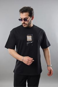 Erkek Siyah Oversize Fit Baskılı Nakışlı Tişört 