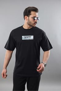 Erkek Siyah Oversize Fit Nakışlı Tişört  