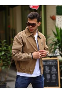 Oversize Taba Baskılı  Erkek Fermuarlı Bomber Kot Ceket