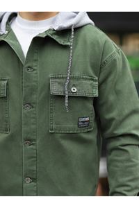 Erkek Haki Çıkarılabilir Kapüşonlu Oversize Kot Ceket