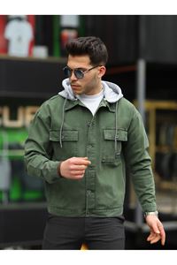 Erkek Haki Çıkarılabilir Kapüşonlu Oversize Kot Ceket