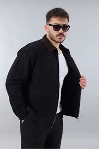 Erkek Regular Fit Yaka Garni Fermuarlı Siyah Kot Ceket