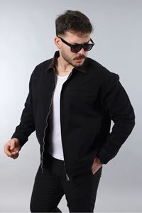 Erkek Regular Fit Yaka Garni Fermuarlı Siyah Kot Ceket