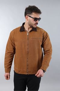 Erkek Regular Fit Yaka Garni Fermuarlı Taba Kot Ceket