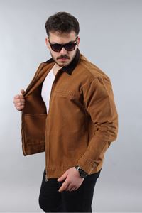 Erkek Regular Fit Yaka Garni Fermuarlı Taba Kot Ceket