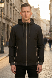 Erkek Relaxed Teknik Kumaş Çıkarılabilir Kapüşon Baharlık & yağmurluk Siyah Spor Ceket