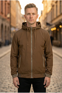 Erkek Relaxed Teknik Kumaş Çıkarılabilir Kapüşon Baharlık & yağmurluk Kahve Spor Ceket 