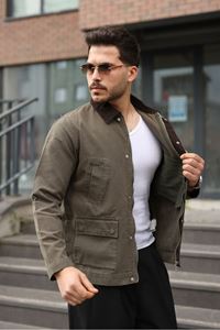 Erkek Haki Garni Yaka Spor Canvas Mont 