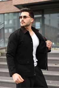 Erkek Siyah Garni Yaka Spor Canvas Mont