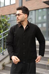 Erkek Siyah Garni Yaka Spor Canvas Mont