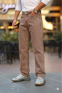  Erkek Eskitilmiş Kahve Baggy Fit Rahat Kalıp Jean Pantolon 